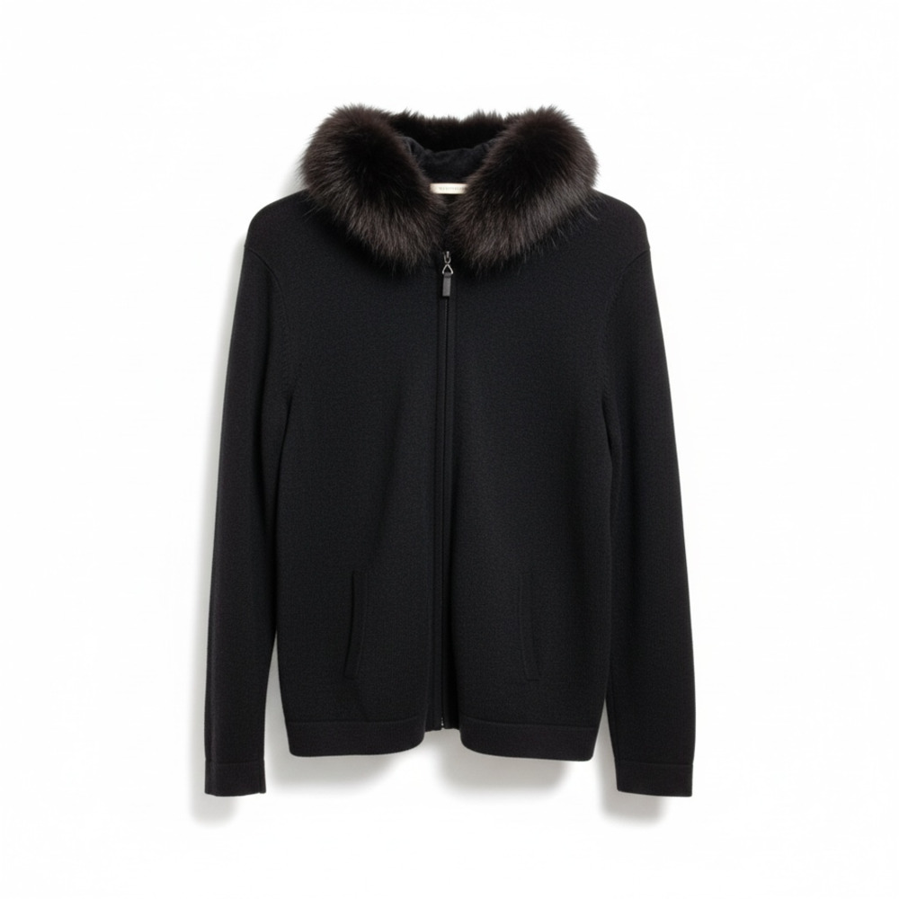 Elena Solano 100% Cashmere Hoodie Sweater with Genuine Fox Fur Trim Sz L  Luxury